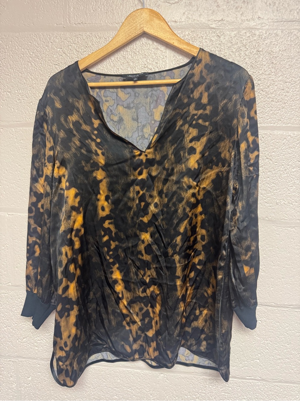 Lafayette 148 New York Silk V-Neck Animal Print Blouse - Black & Brown